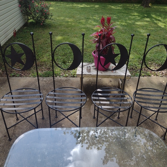 Antique French Wrought Iron Forged Outdoor Chairs w Wrought Iron Glass Top Table - Picture 11 of 16